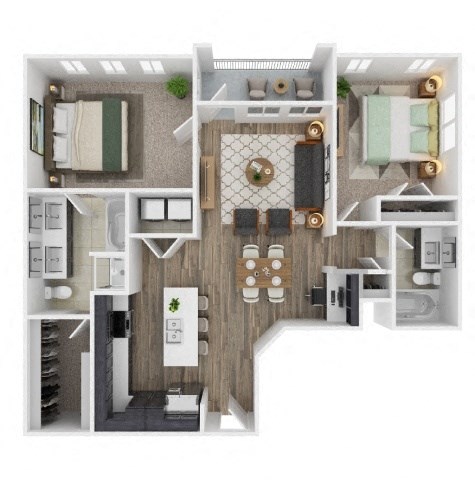 a furnished floor plan with a bedroom and living room